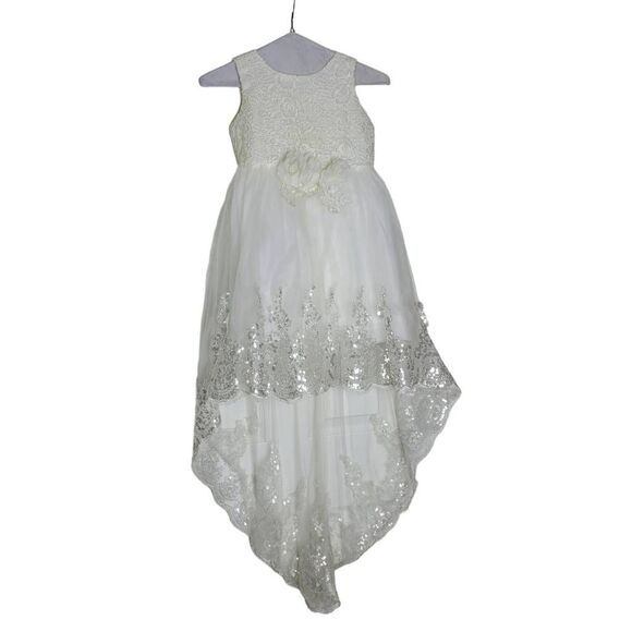Flower Girl White Hi Lo Silver Sequined Flower Waist Long Train Wedding Dress - Picture 1 of 9